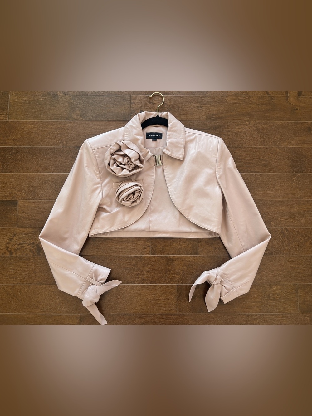 LAMARQUE Blush Pink Leather Cropped Jacket Floral Rosette Size S